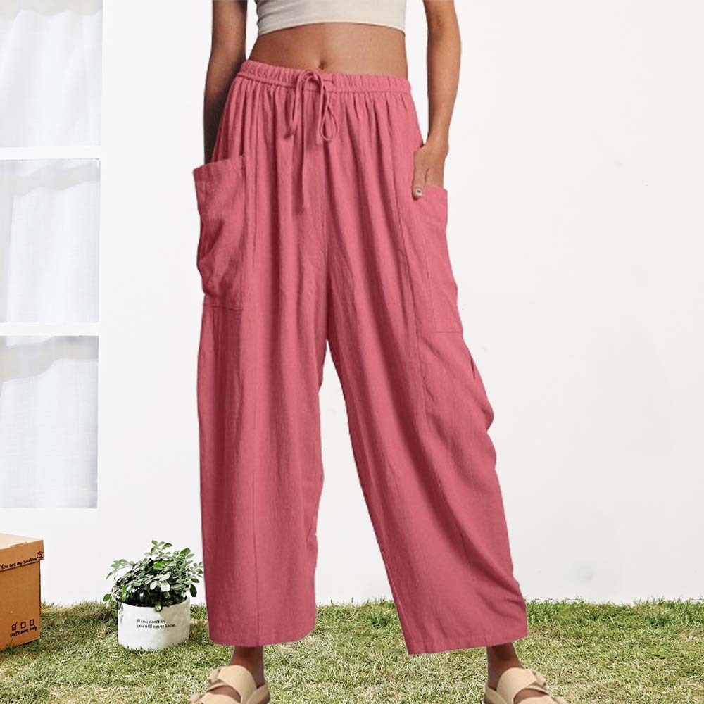 Pantalones casuales de algodón y lino con pierna ancha y cintura alta