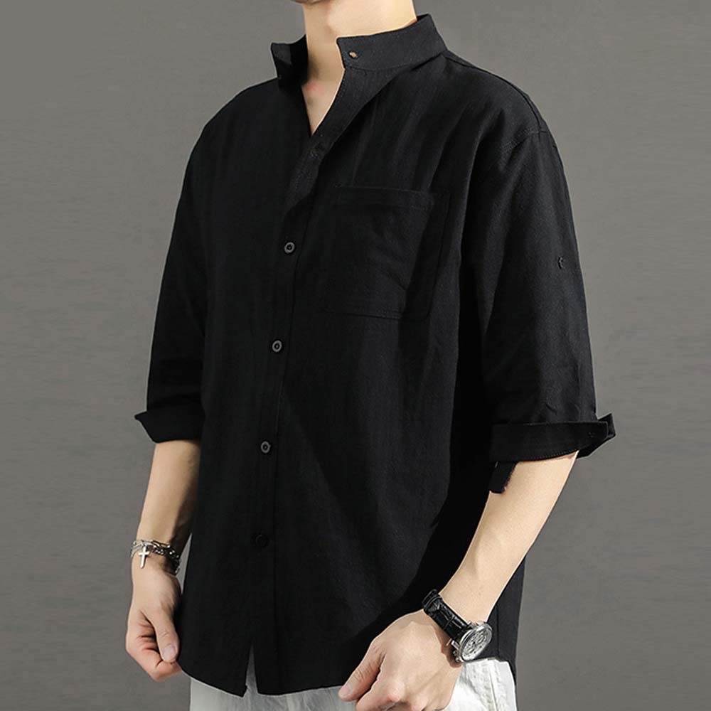 2024 Men's solid color casual cotton and linen shirt