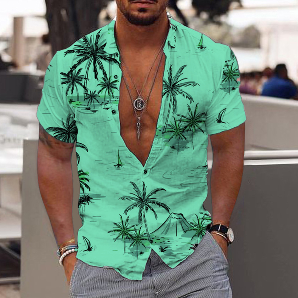Olivoslindo Camisa de manga corta con estampado de árbol de coco hawaiano para hombre