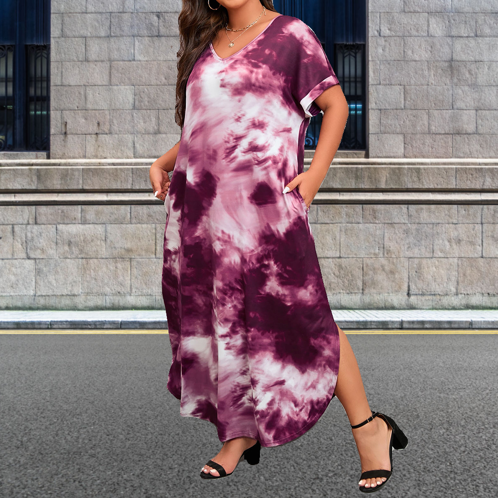 Olivoslindo Verano nueva falda larga vestido de manga corta tie-dye de gran tamaño