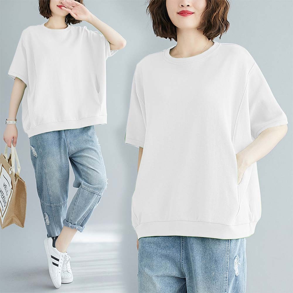 Summer women's loose solid color pocket round neck T-shirt