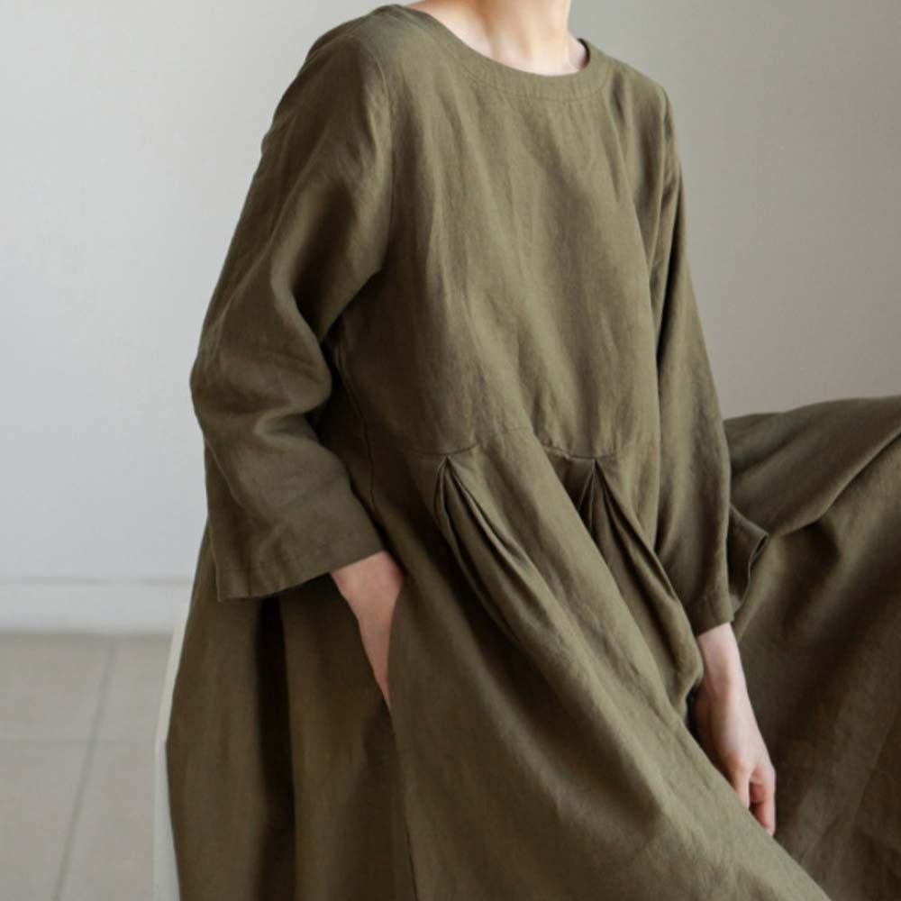 Spring and autumn casual loose round neck cotton and linen dress