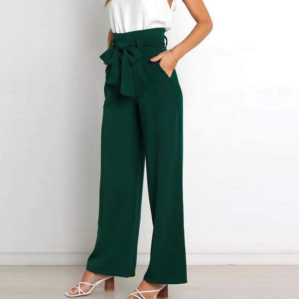 Pantalones anchos de talle alto con lazo a la moda para mujer