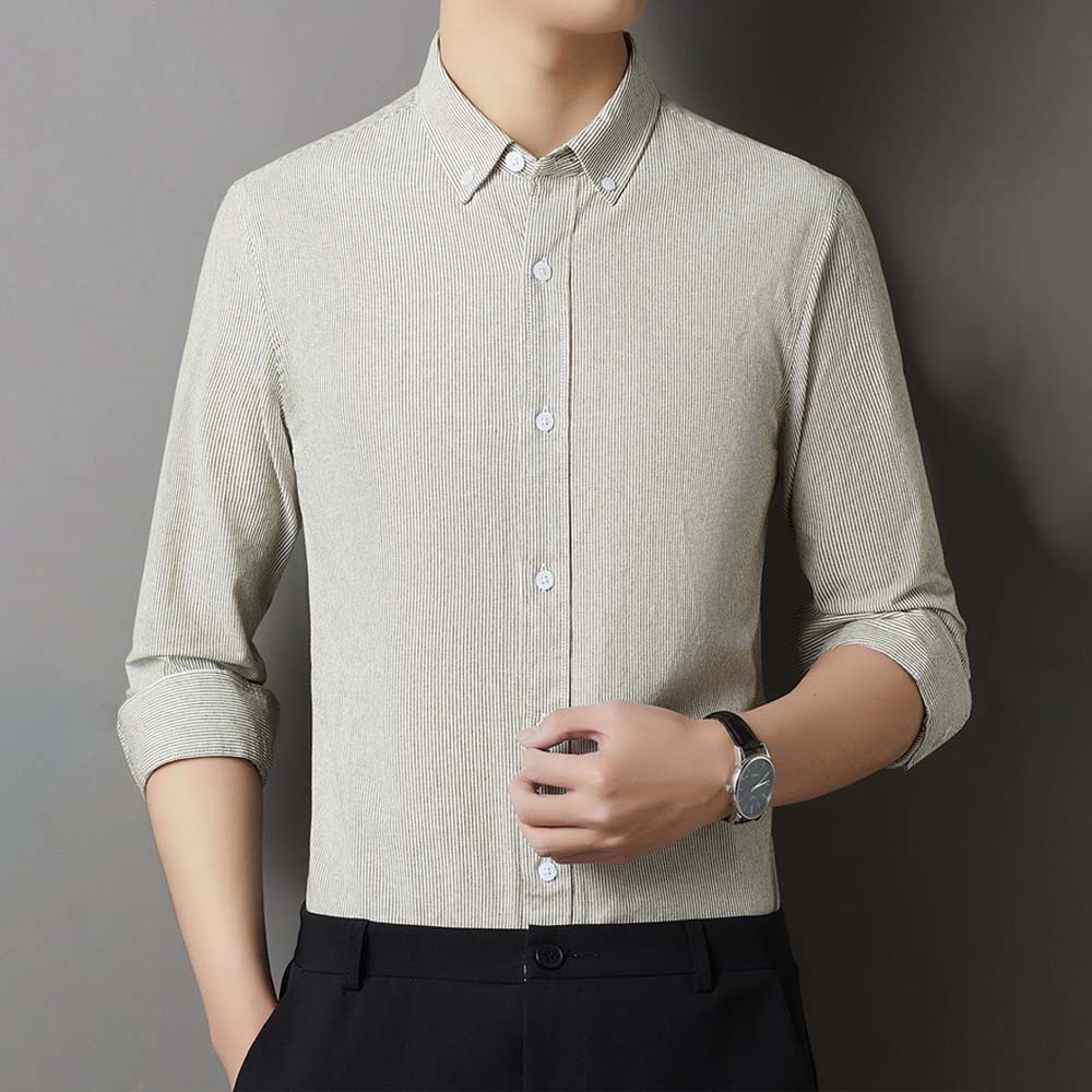 Smiledeer Men's comfortable cotton lapel striped long-sleeve shirt