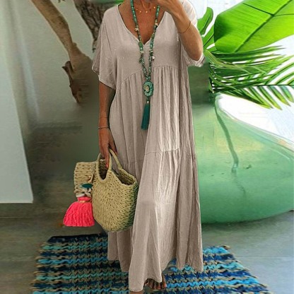 Women's breathable V-neck cotton and linen long skirt casual beach dress