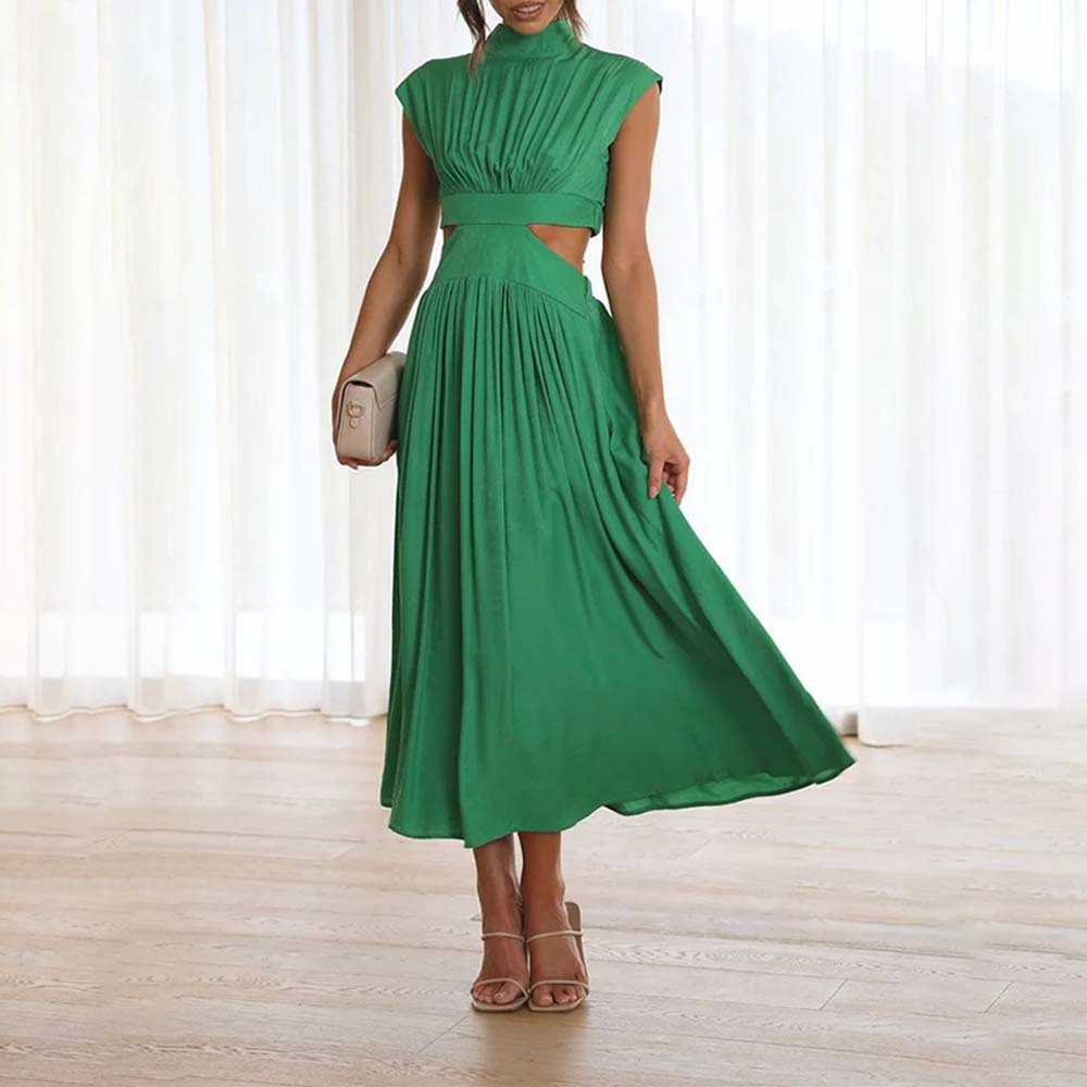 Stylish stand-up collar and exposed waist resort style dress