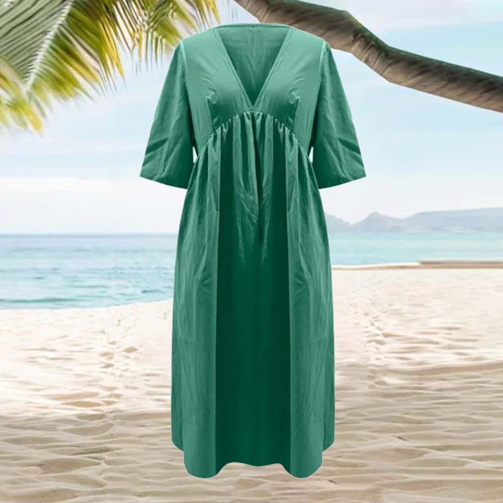 Vestido de mujer con bolsillos de algodón y lino transpirable de color liso