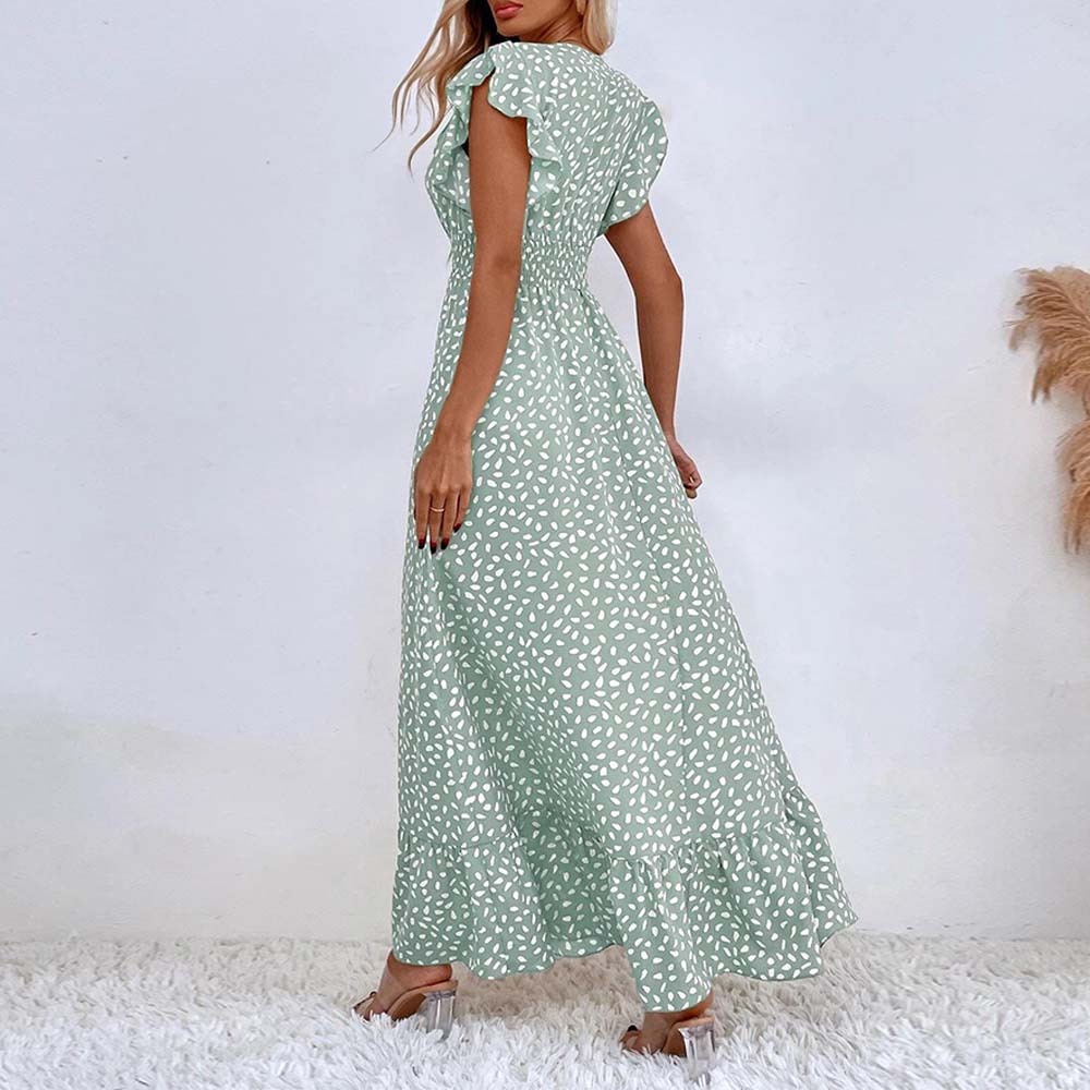 Women's Elegant V-Neck Ruffled Waist Dress