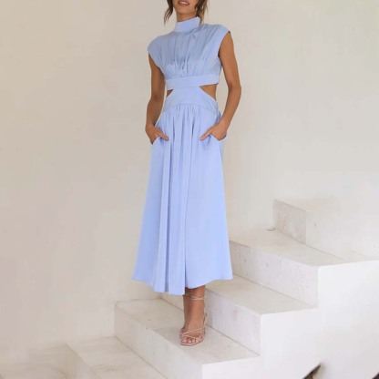 Stylish stand-up collar and exposed waist resort style dress