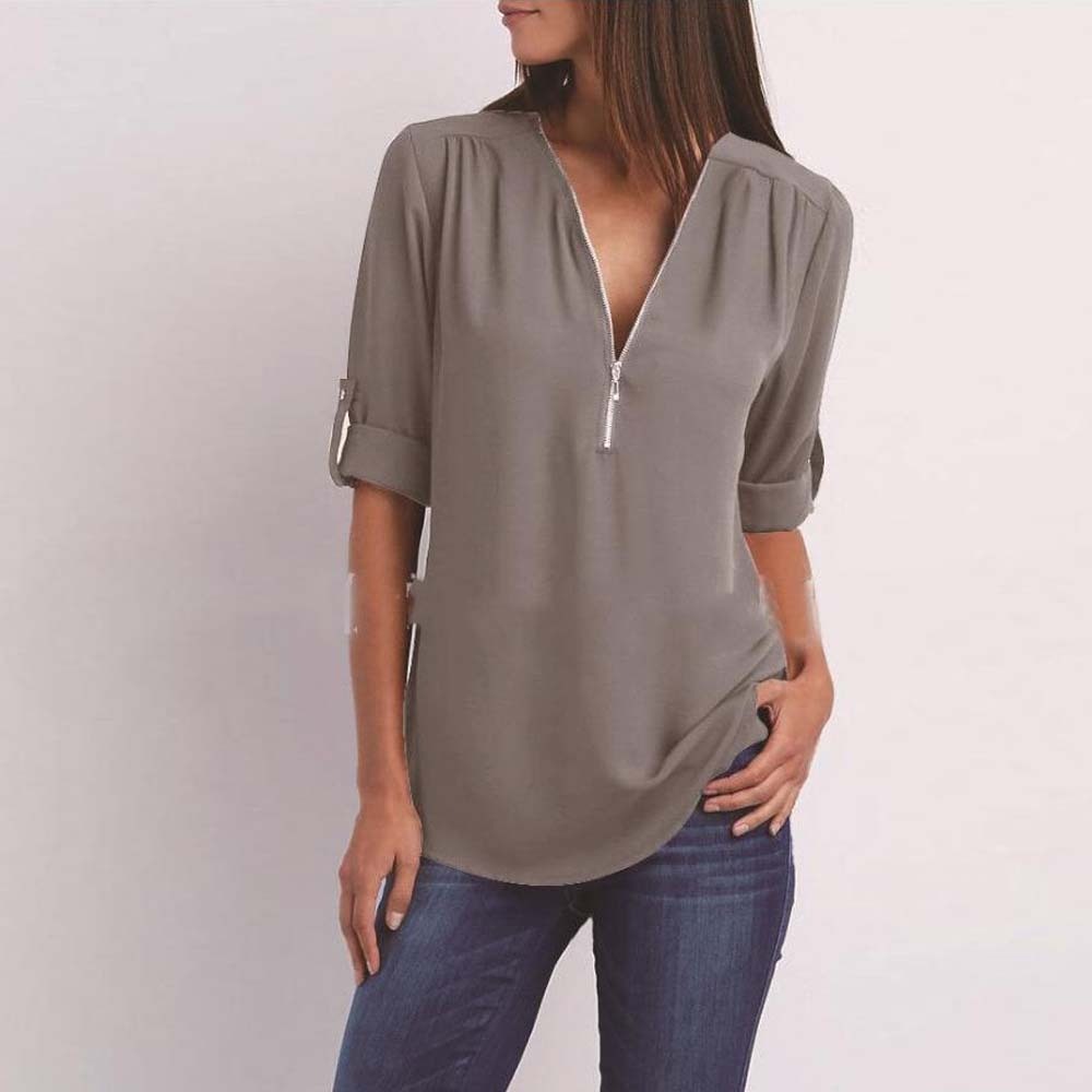 Women's Summer Fashion V Neck Zipper Chiffon Shirt