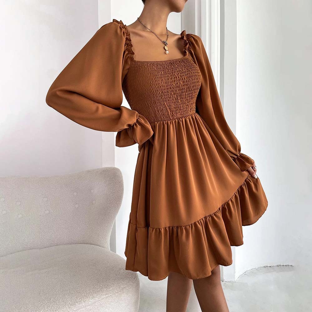 2024 Temperament Square Neck Pleated Ruffle Dress