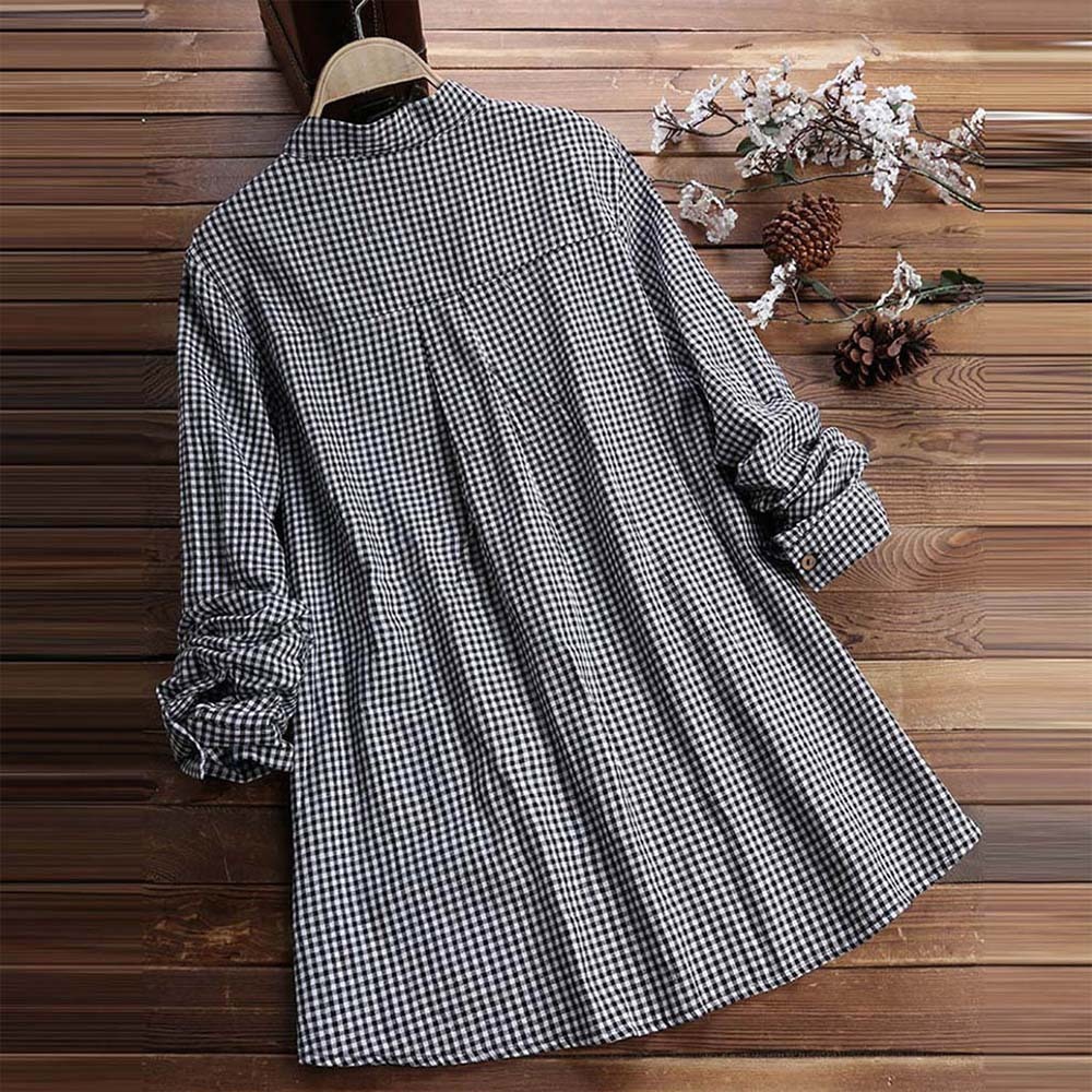 Spring women's fashionable V-neck plaid long-sleeved shirt
