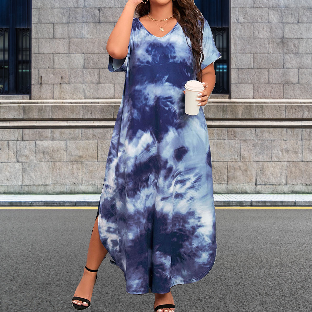 Olivoslindo Verano nueva falda larga vestido de manga corta tie-dye de gran tamaño