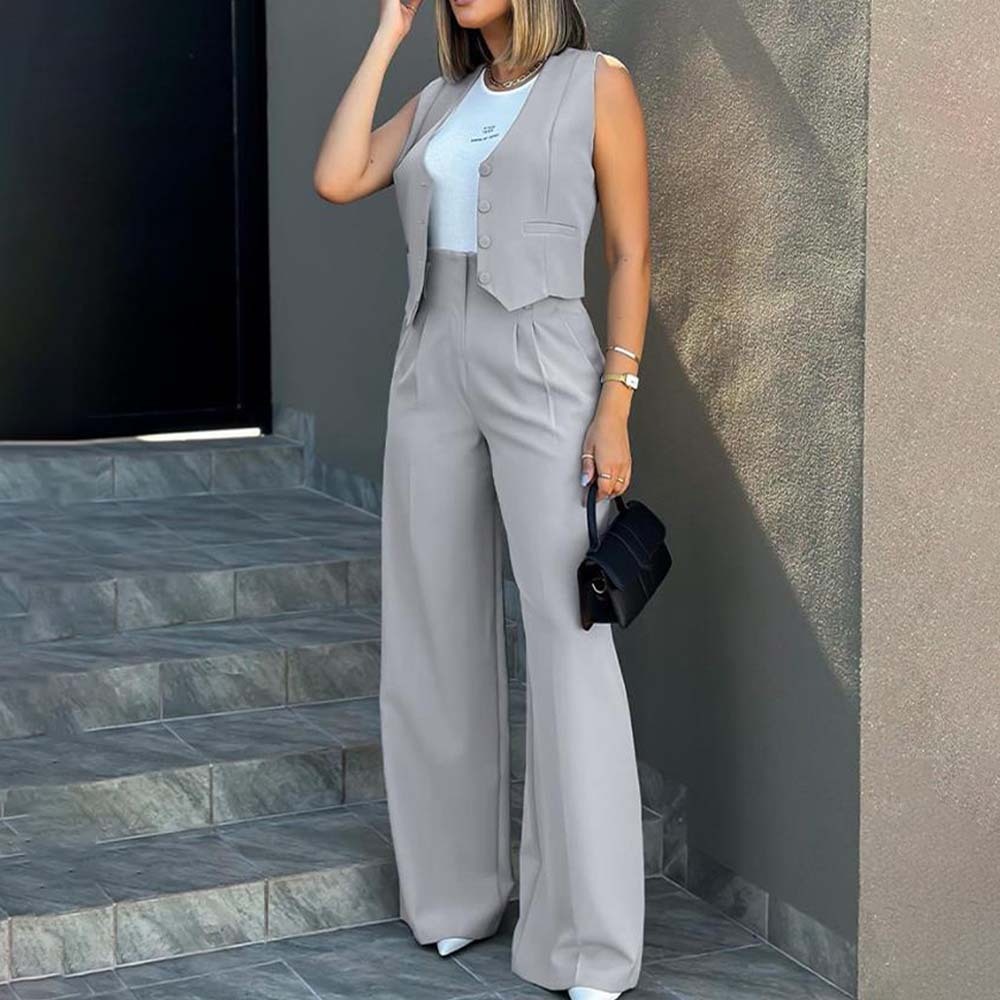 Hojanaranja Traje de moda, chaleco, pantalones de pierna ancha, conjunto informal de 2 piezas