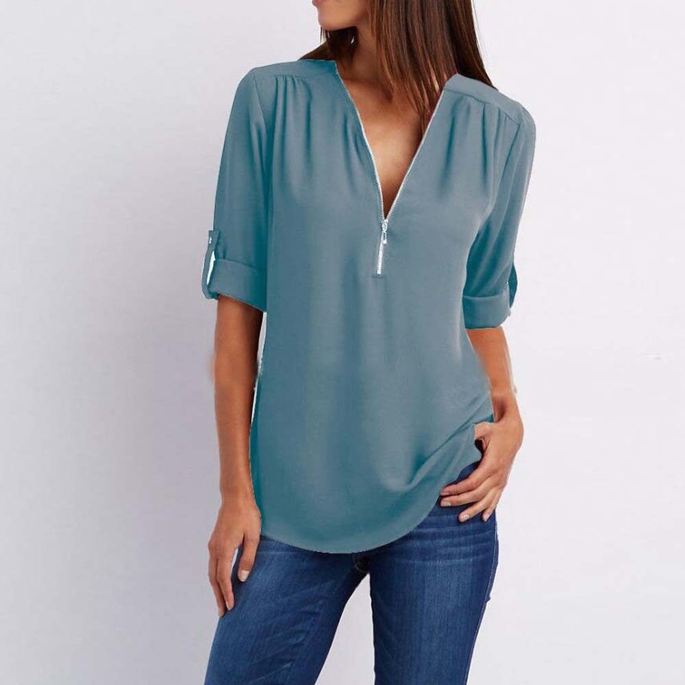 Women's Summer Fashion V Neck Zipper Chiffon Shirt