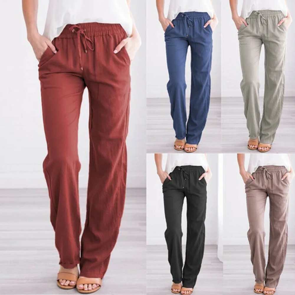 New Ladies Solid Color Cotton Linen Straight Leg Pants