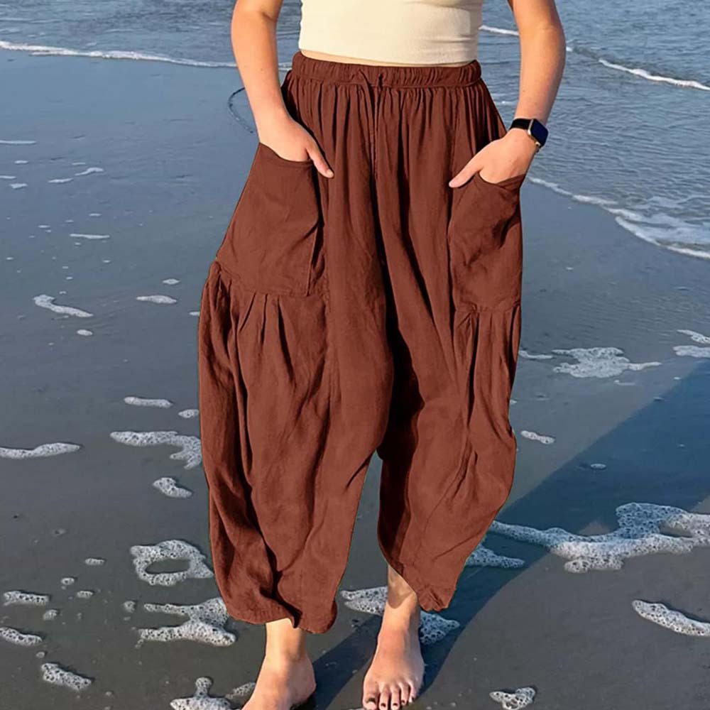 Pantalones casuales de algodón y lino con pierna ancha y cintura alta
