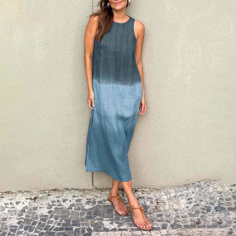 Vestido degradado de algodón y lino sin mangas con aberturas