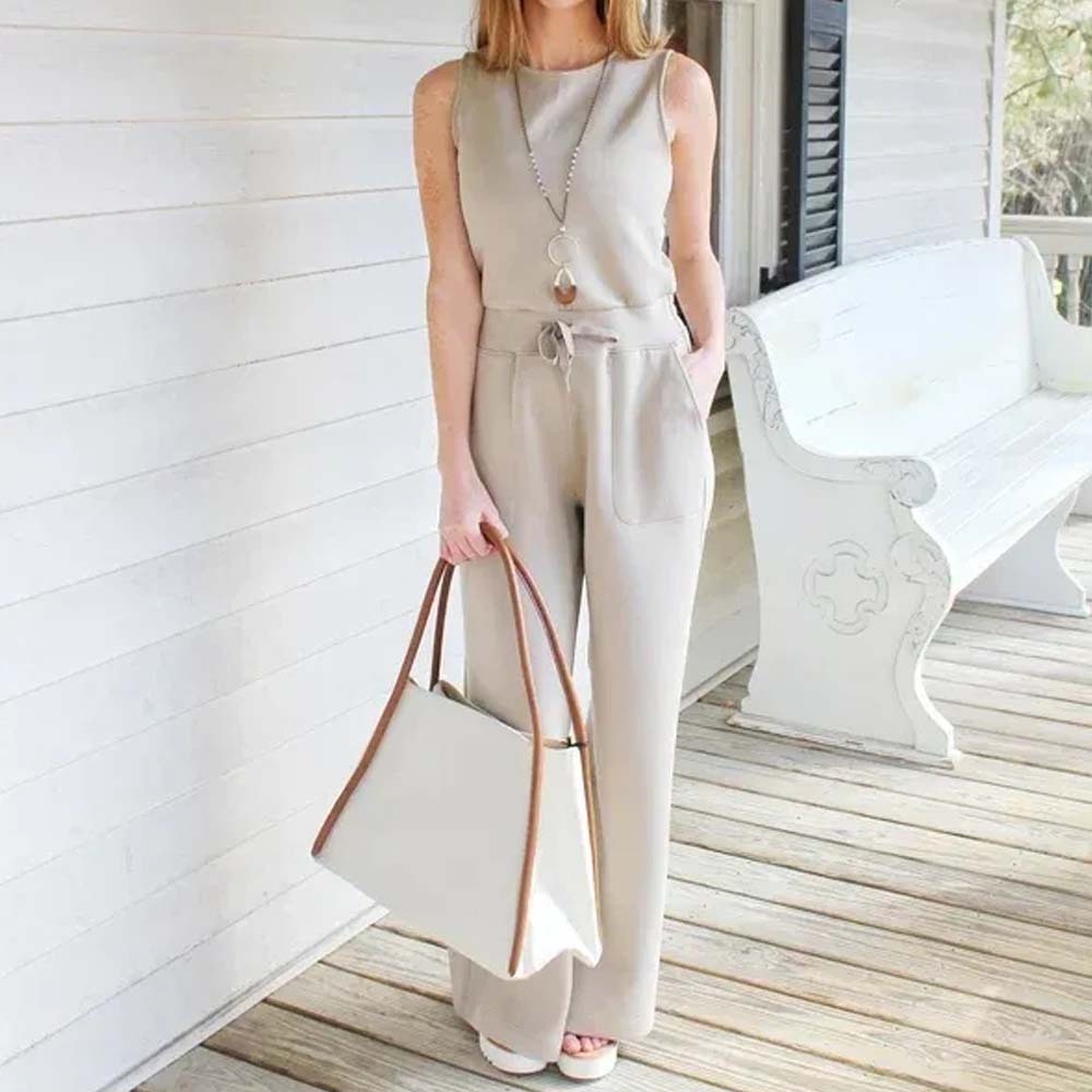 Spring and summer casual lace-up solid color sleeveless jumpsuit