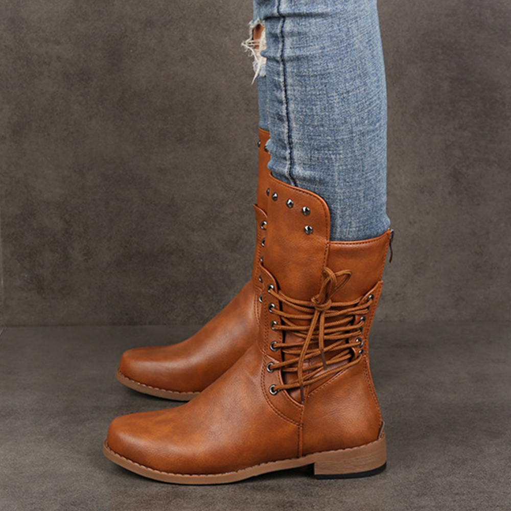 Olivoslindo Nuevo Botas de media piel con cremallera trasera de color liso para mujer