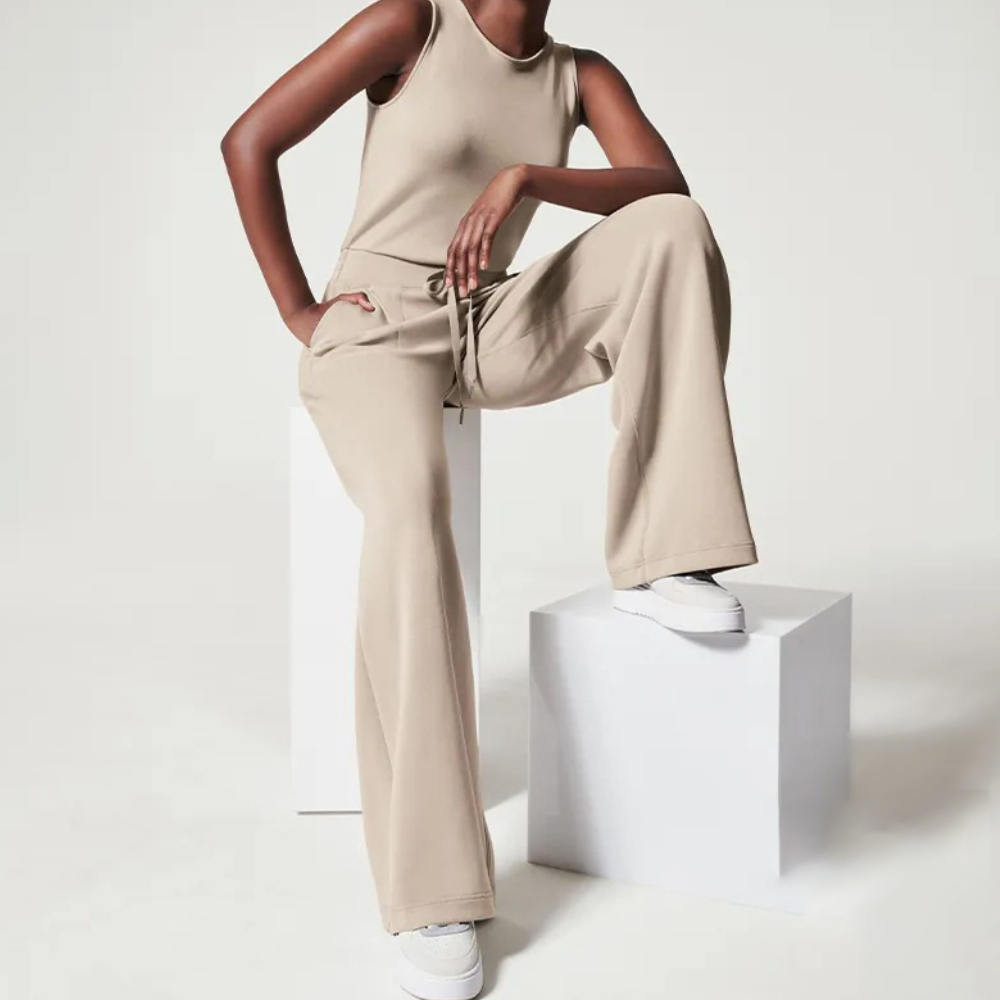 Spring and summer casual lace-up solid color sleeveless jumpsuit