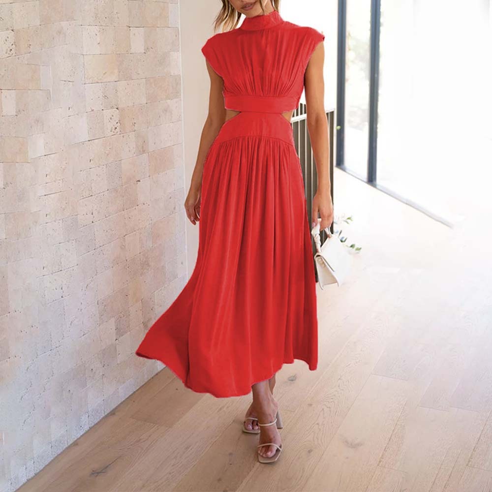 Stylish stand-up collar and exposed waist resort style dress