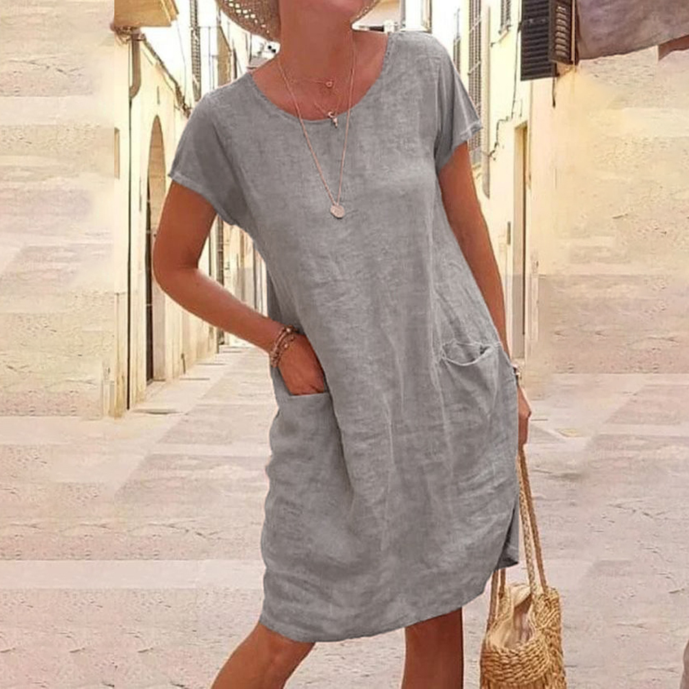 Summer women's round neck short-sleeved cotton and linen dress