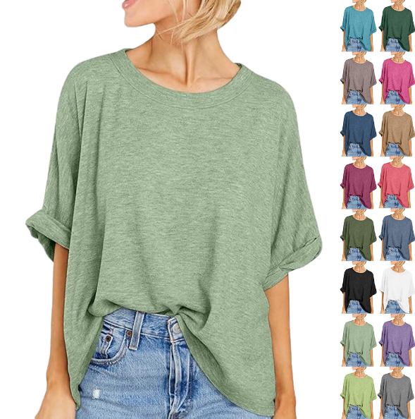  HojanaranjaWomen's versatile solid color loose short-sleeved T-shirt