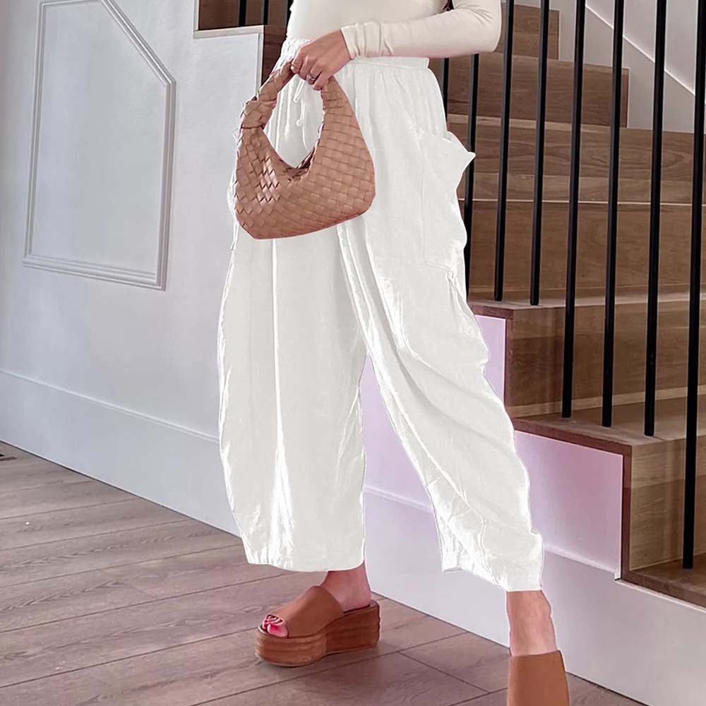 Pantalones casuales de algodón y lino con pierna ancha y cintura alta