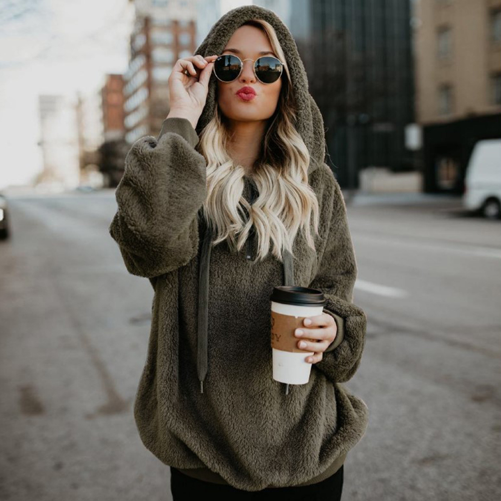 Olivoslindo Chaqueta polar de manga larga con capucha en color liso para mujer