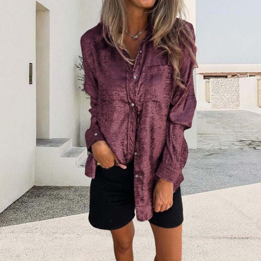 Camisa de solapa de moda de gamuza casual para mujer de primavera 2024