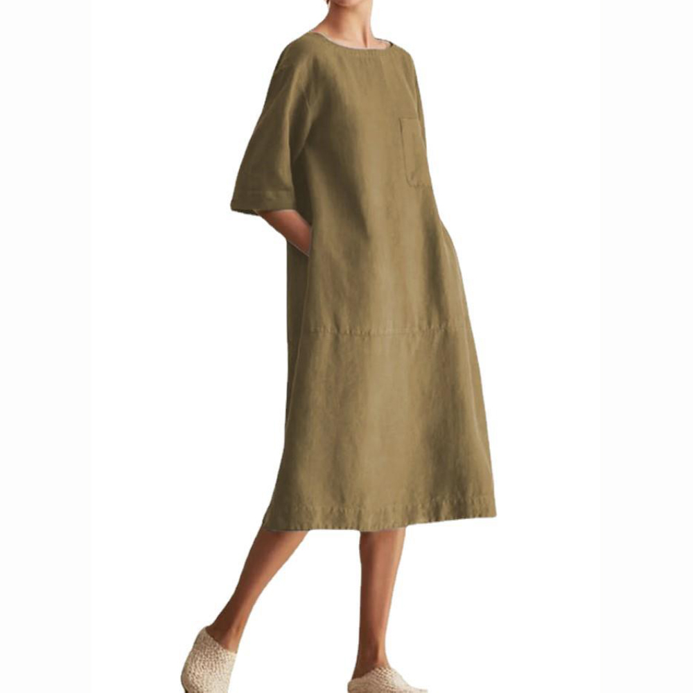 Olivoslindo Vestido casual con bolsillo de lino y algodón de manga larga con cuello redondo