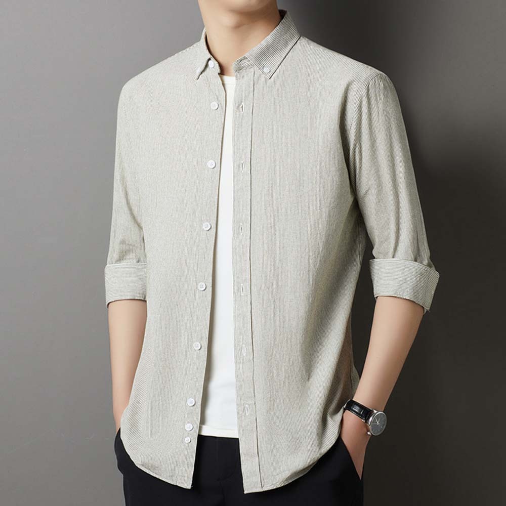 Smiledeer Men's comfortable cotton lapel striped long-sleeve shirt