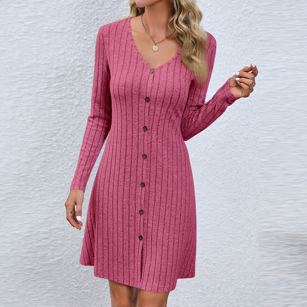 2024 Fashion Button V Neck Long Sleeve Knitted Dress