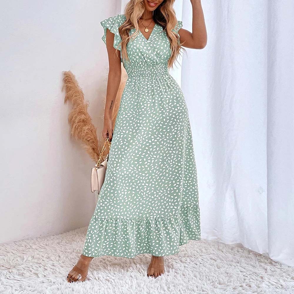 Women's Elegant V-Neck Ruffled Waist Dress