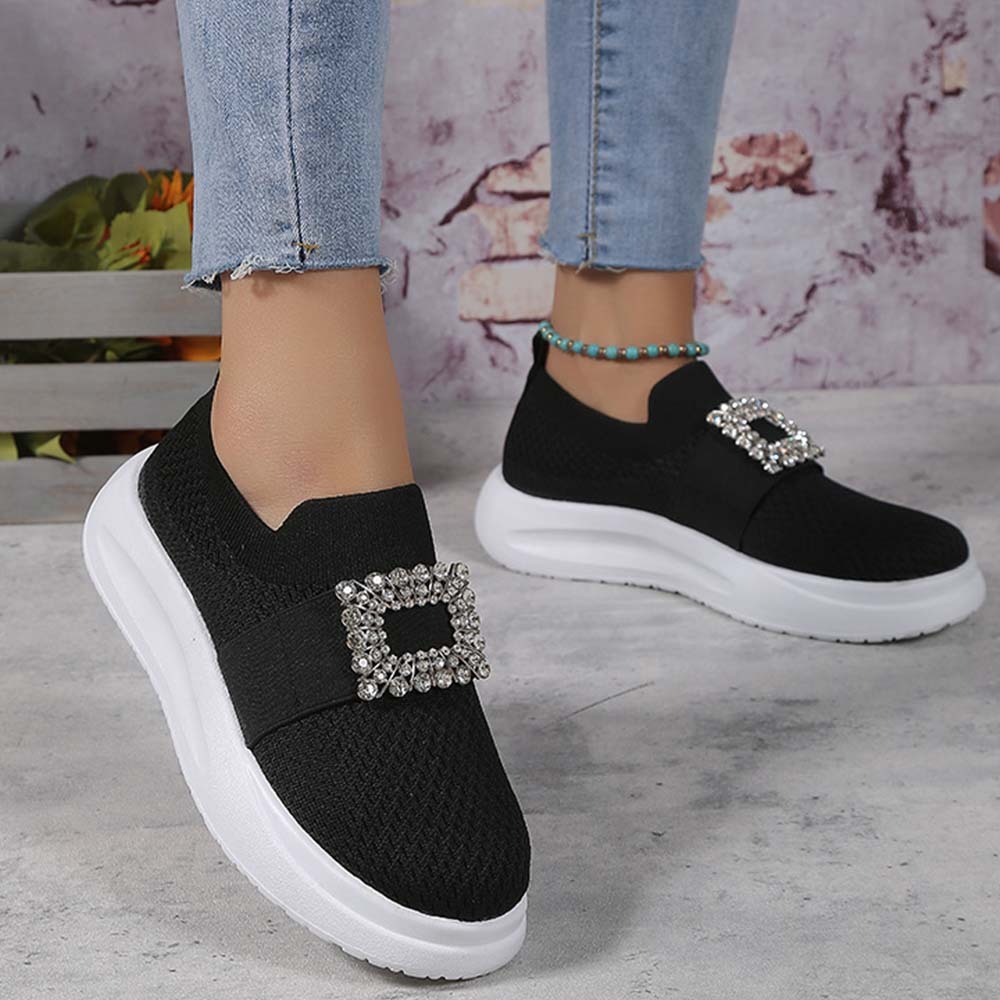 Zapatos de mujer sin cordones con diamantes de imitación y suela gruesa