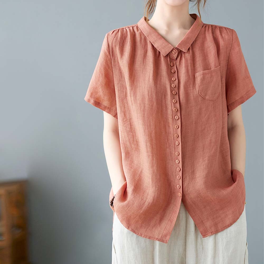 Women's loose large size cotton and linen short sleeve shirt