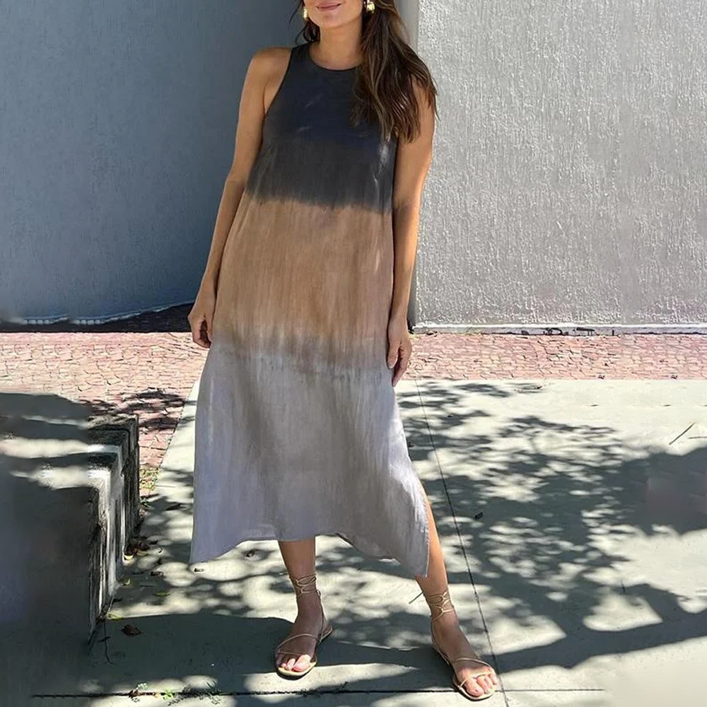 Hojanaranja Vestido degradado de algodón y lino sin mangas con aberturas
