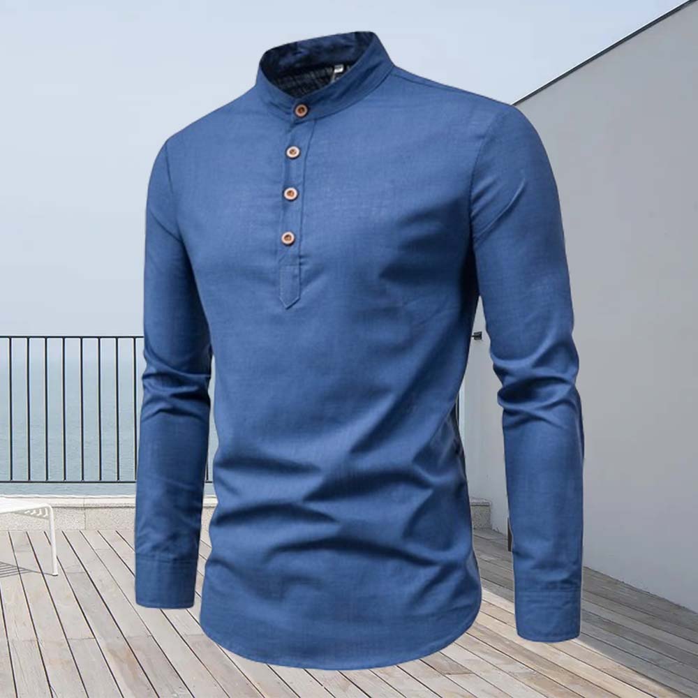 Fashion slim fit cotton and linen half-open collar men's long-sleeved shirt
