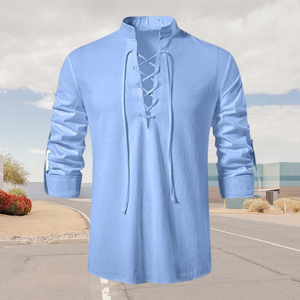 Spring Men's Cotton and Linen Stand Collar Long Sleeve Tie-Up Shirt