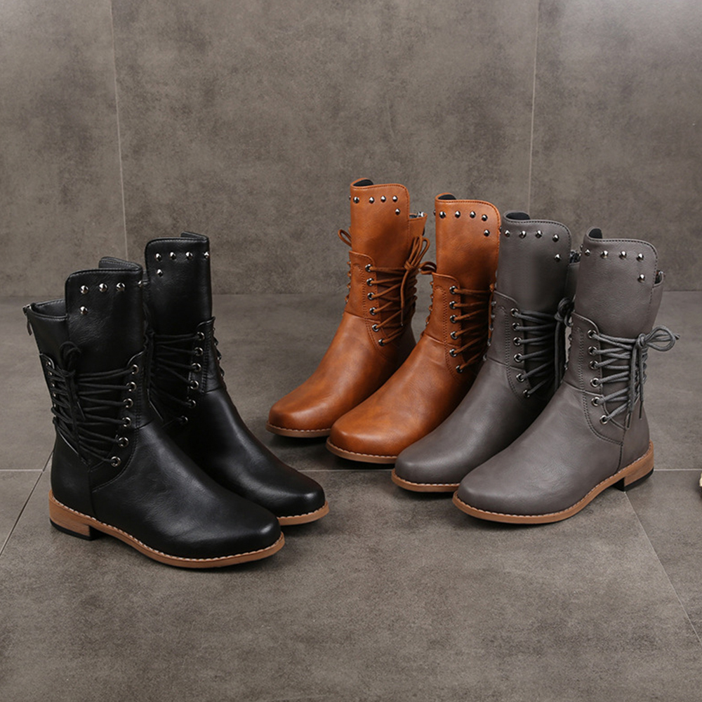 Olivoslindo Nuevo Botas de media piel con cremallera trasera de color liso para mujer