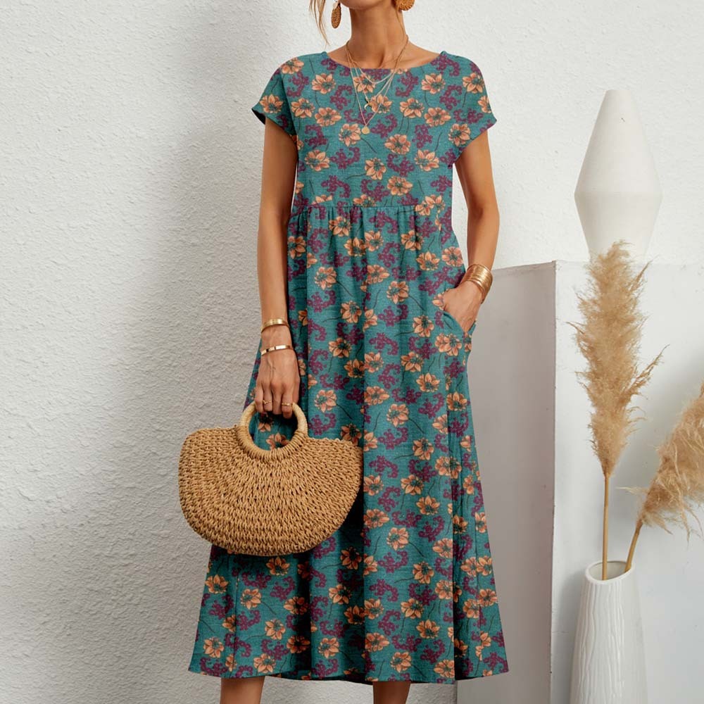 New Loose Cotton Linen Short Sleeve Round Neck Printed Dress