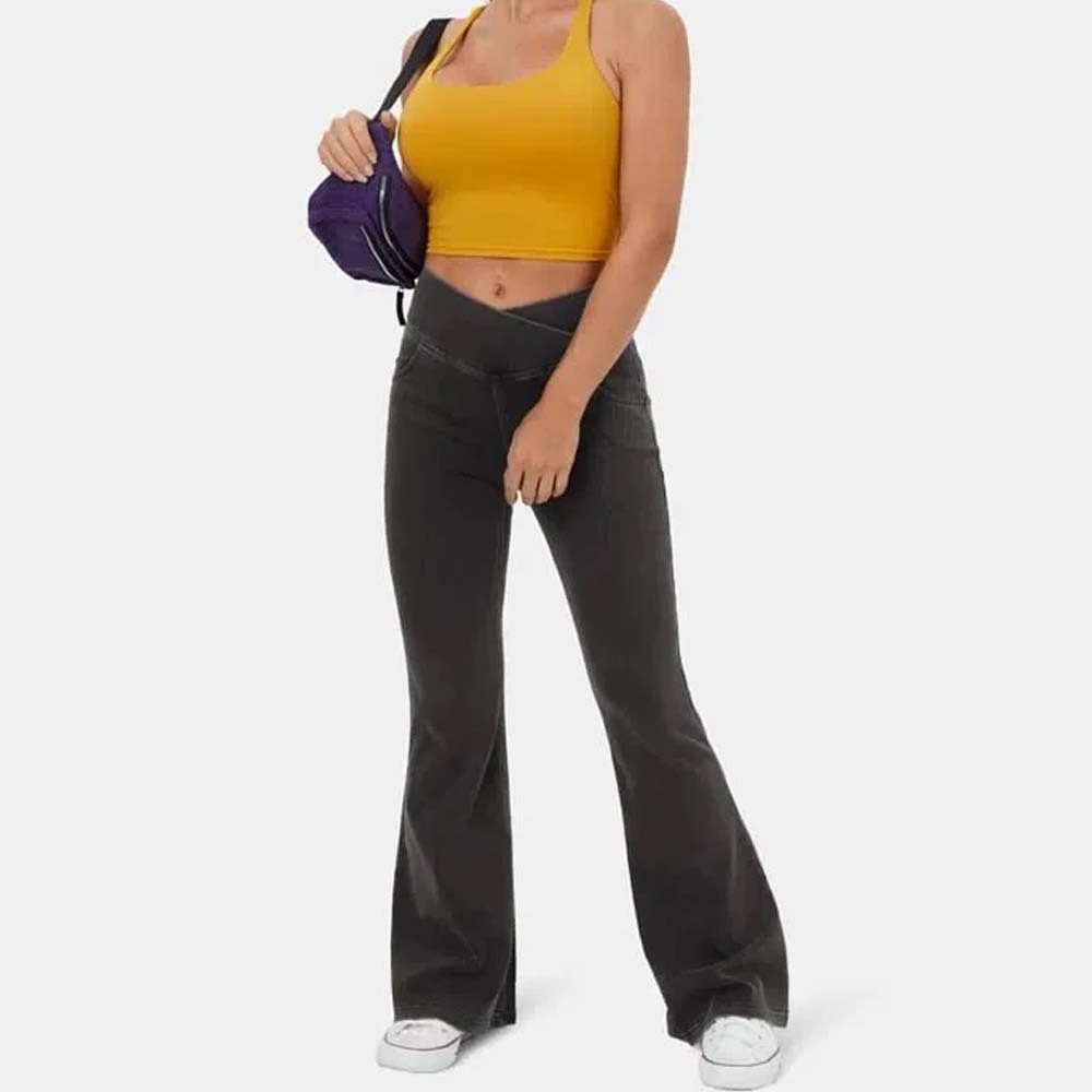 Women's Stretch Denim High Waist Crossover Flare Pants