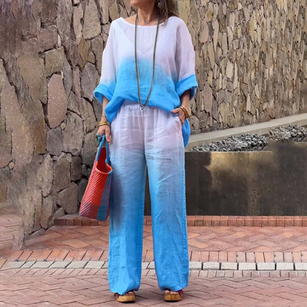 Conjunto de dos piezas degradado de algodón y lino para mujer a la moda