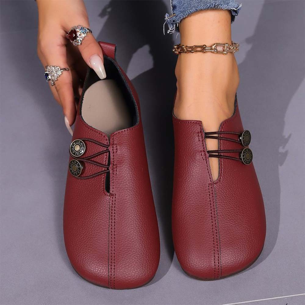 Zapatos casuales de dos botones con punta redonda de cuero retro para mujer