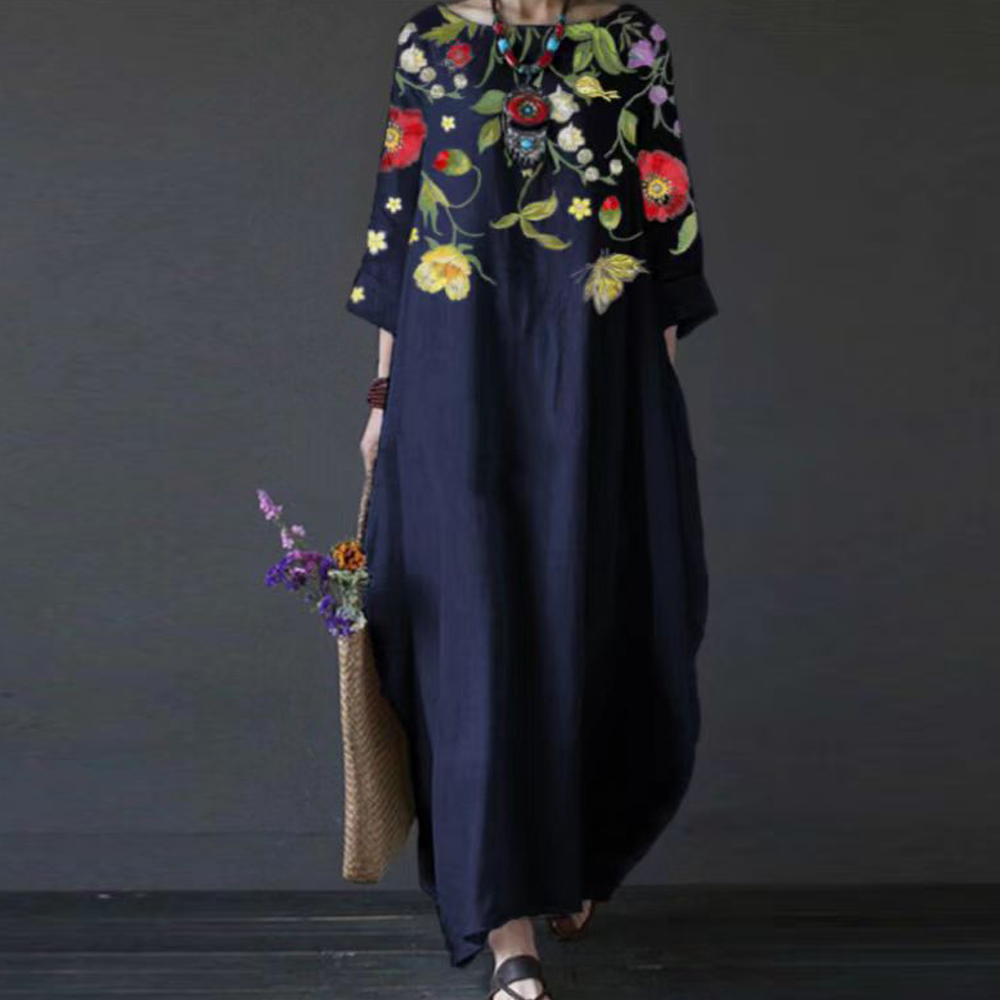 Olivoslindo Vestido retro con lindo estampado y temperamento literario con escote redondo