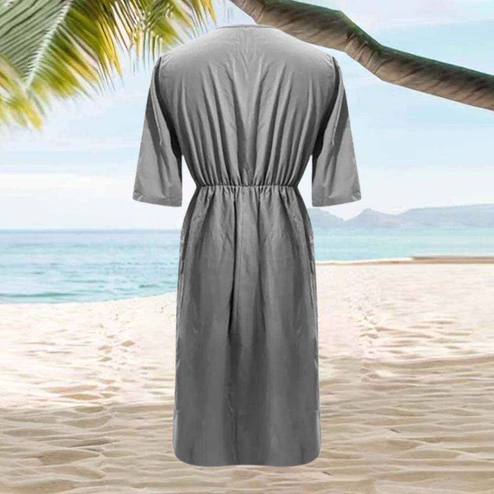 Vestido de mujer con bolsillos de algodón y lino transpirable de color liso