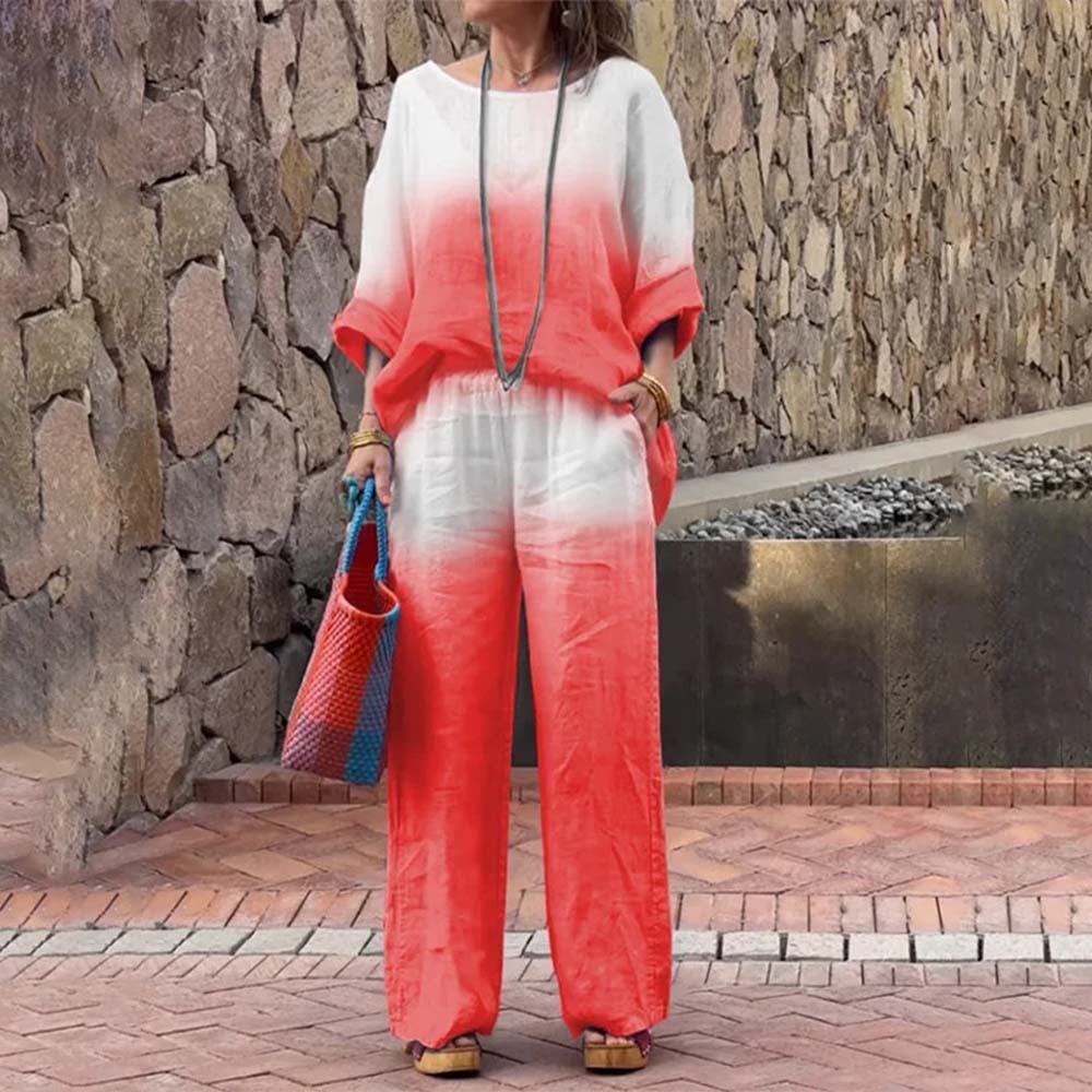 Conjunto de dos piezas degradado de algodón y lino para mujer a la moda