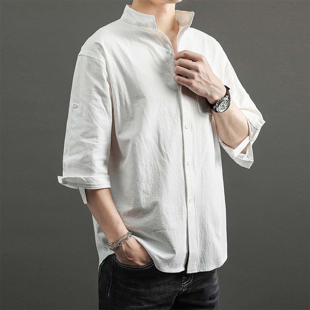2024 Men's solid color casual cotton and linen shirt