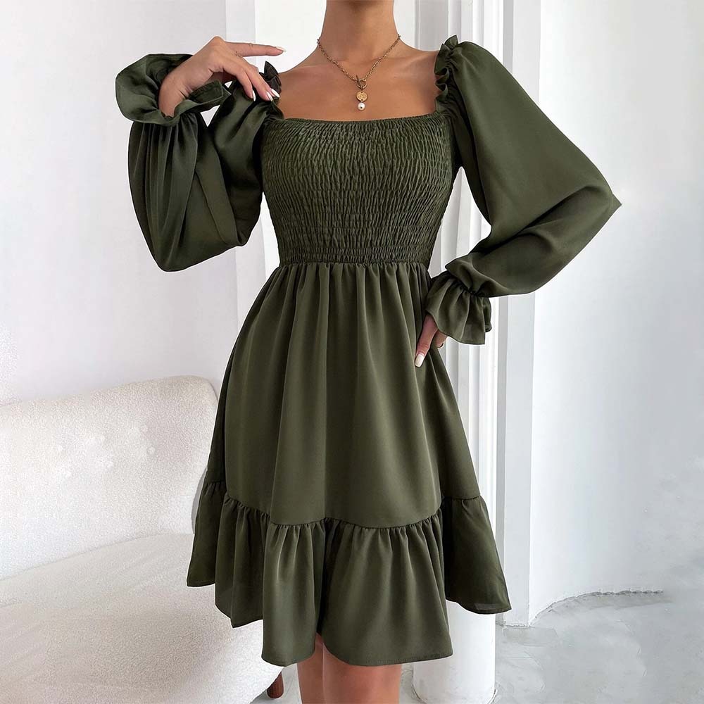 2024 Temperament Square Neck Pleated Ruffle Dress